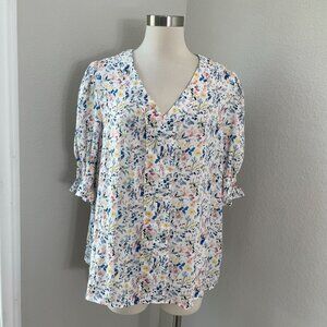 Jones New York Womens Plus 1X Floral Blouse Short Sleeve V Neck Shirt Top